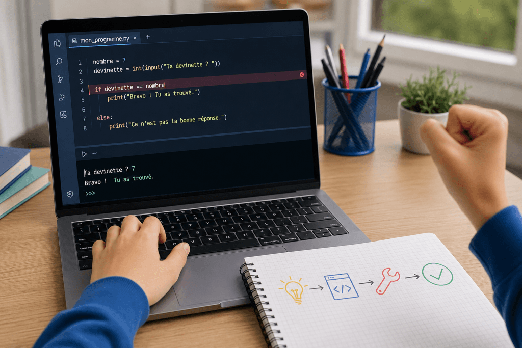 Adolescent débutant corrigeant une erreur dans un programme Python avant de le faire fonctionner.
