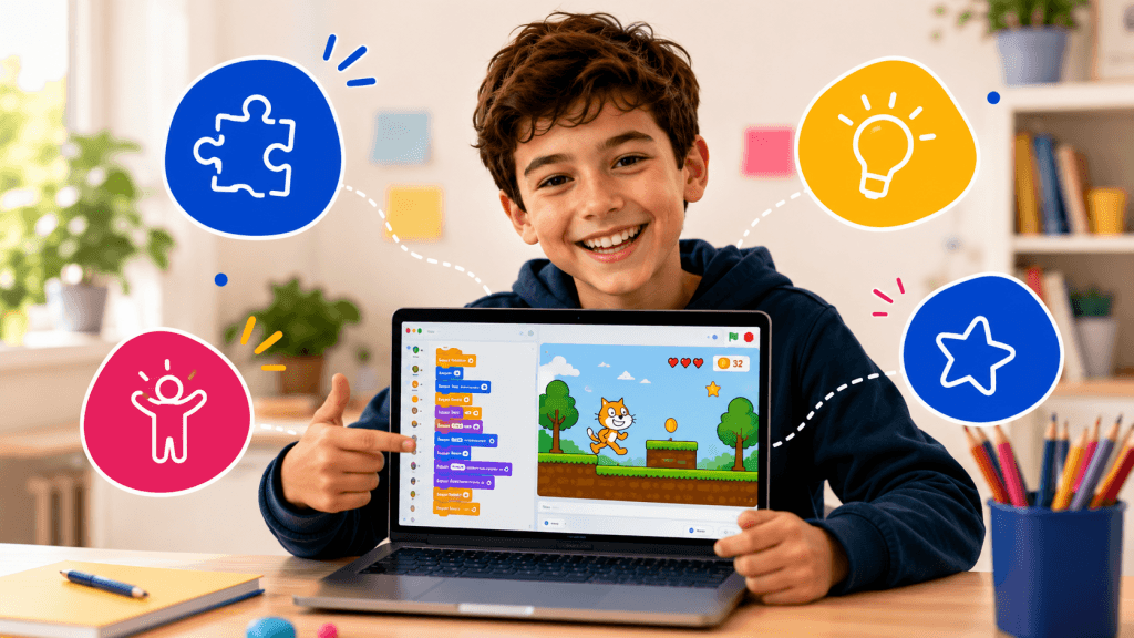 Enfant présentant son projet Scratch et développant logique créativité autonomie et confiance