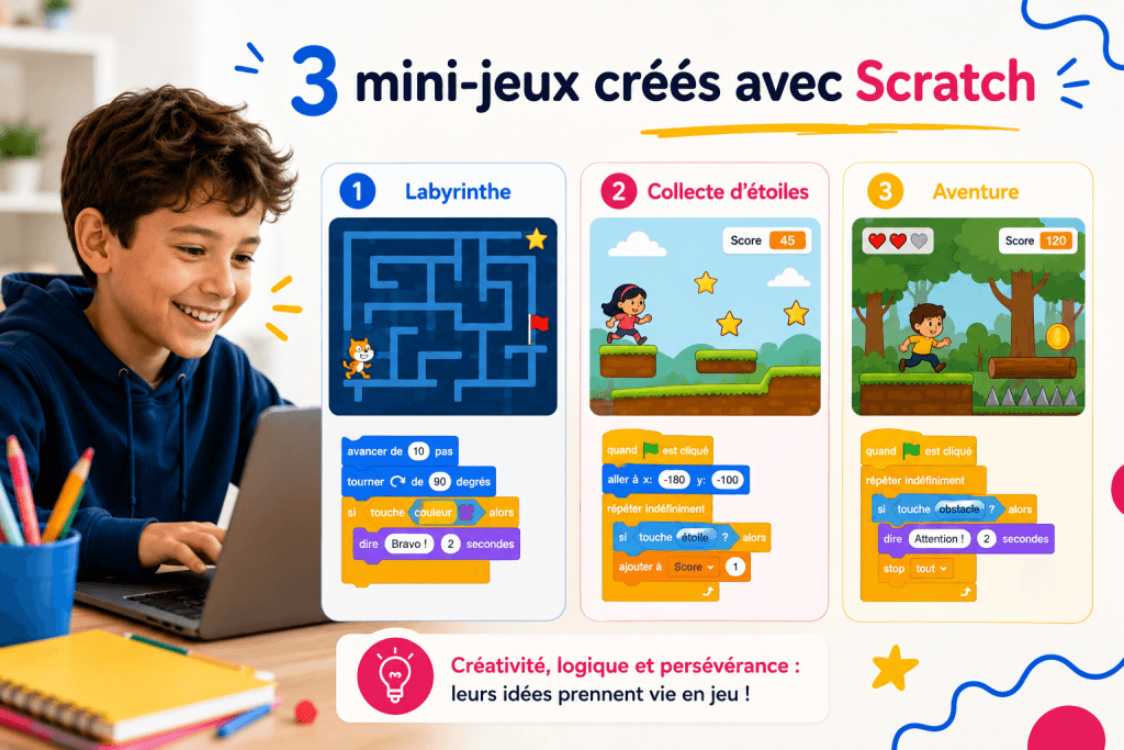 Exemples de mini-jeux Scratch qu’un enfant peut créer pendant un stage de programmation