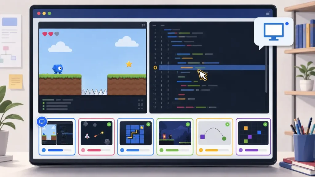 Partage d’écran montrant un jeu et son code pendant le débogage d’un élève