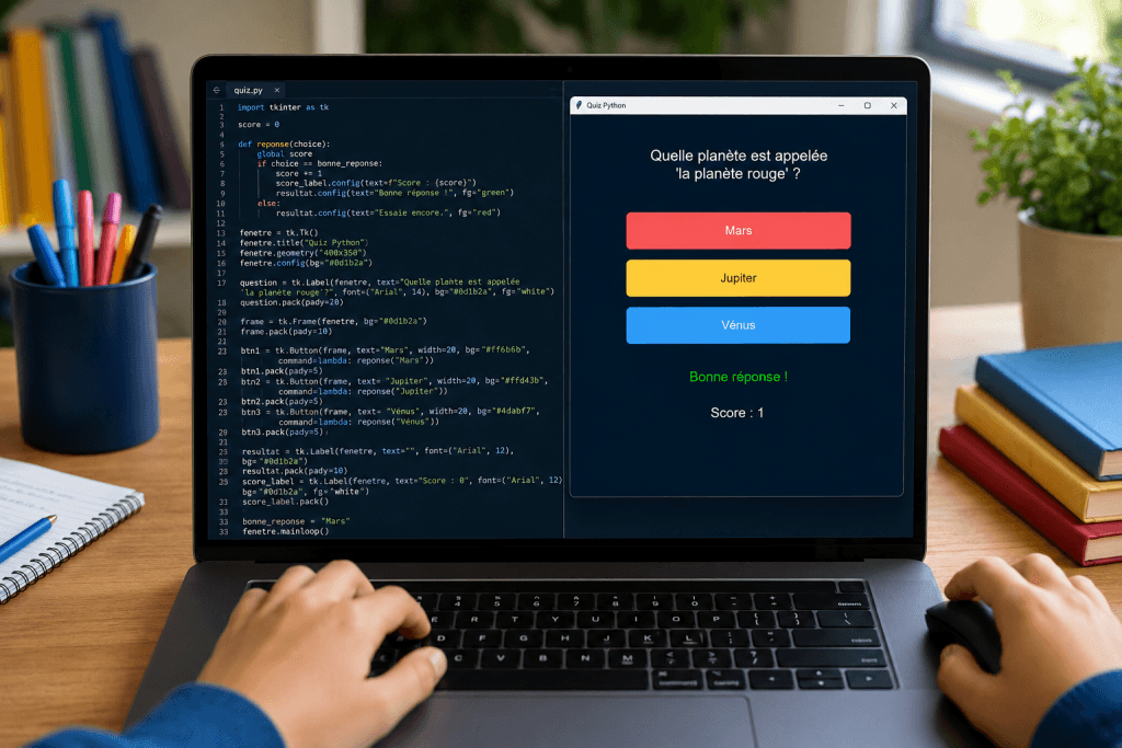 Quiz interactif créé en Python par un adolescent débutant pendant un stage de programmation.
