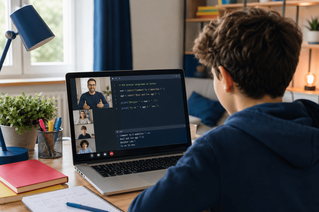 Adolescent débutant participant à un stage de programmation Python en ligne avec un professeur en direct.
