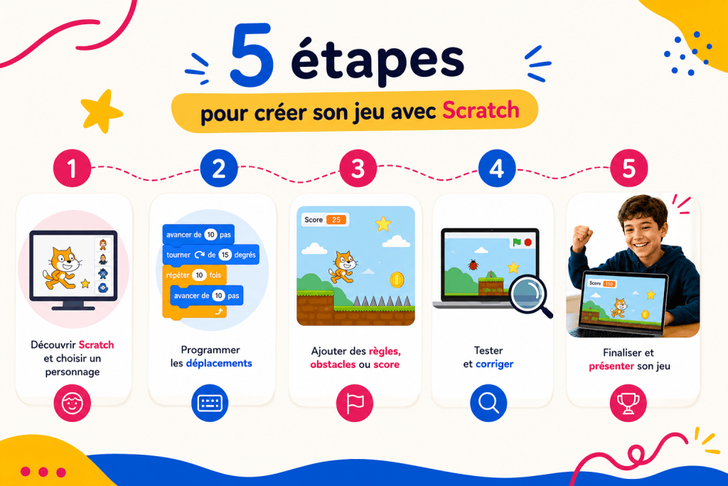 Infographie montrant la progression d’un stage Scratch enfant sur 5 jours